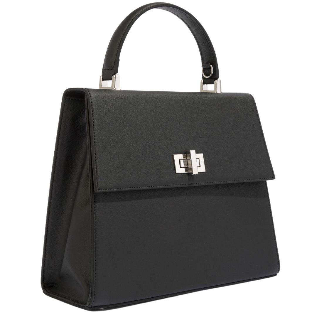 A structured black Carter Wade handbag with a silver turn-lock closure and top handle, exuding timeless elegance