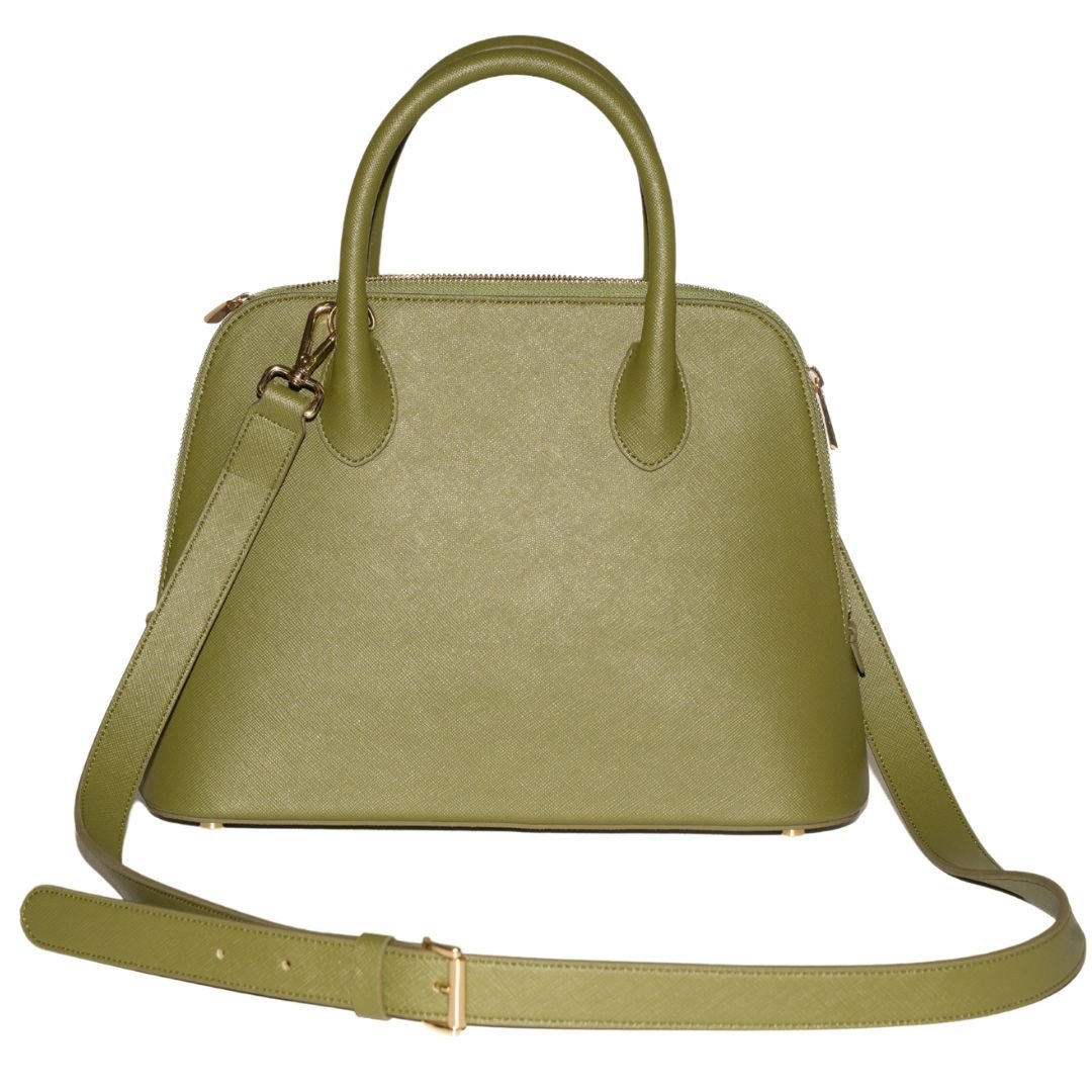 A studio shot of the Ms. Lady Luck handbag in Olive Green, featuring a detachable and adjustable strap for versatile wear. The structured shape and premium cactus leather make it a timeless, cruelty-free luxury piece.