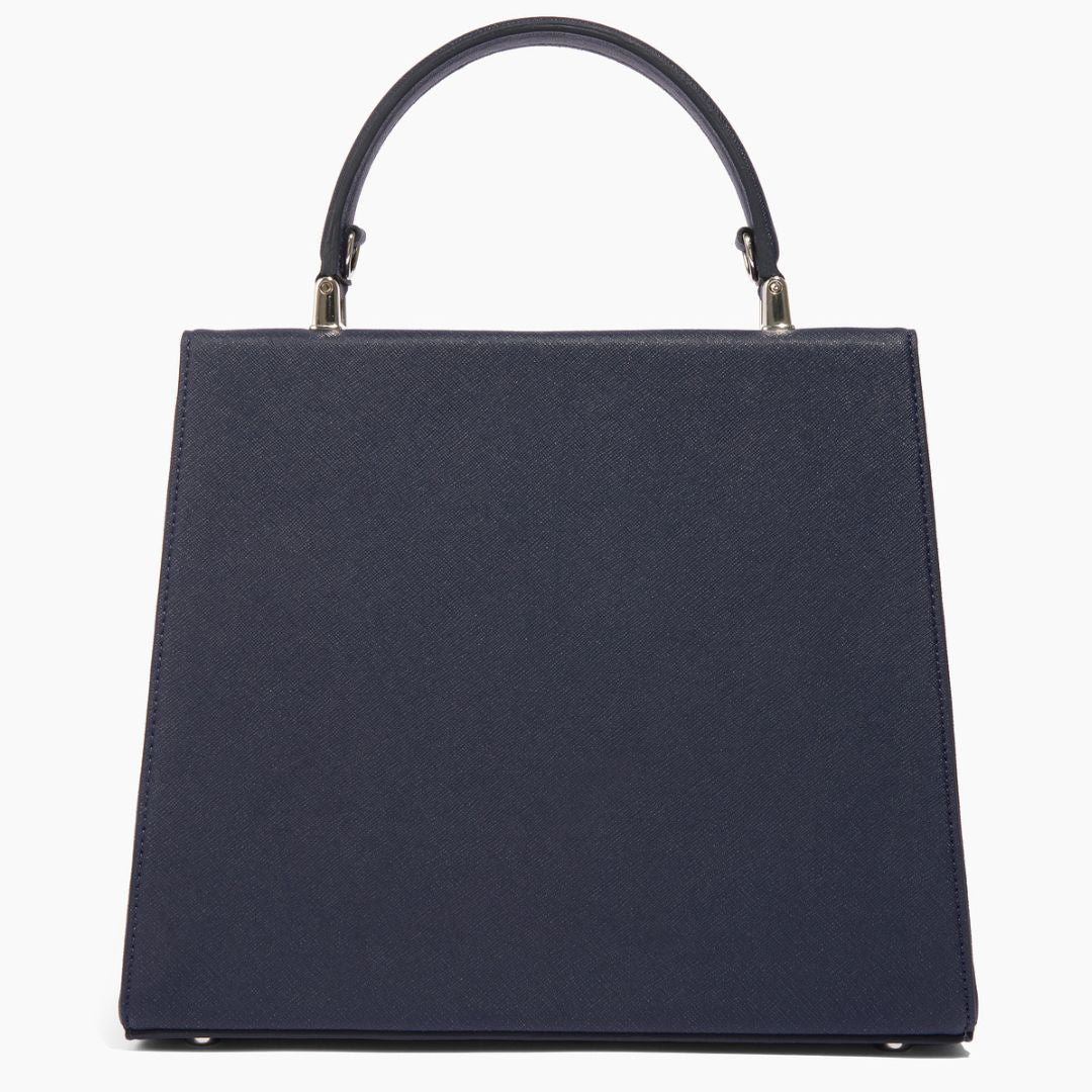 A rear view of The She-EO handbag in navy blue cactus leather, highlighting its clean, structured lines and impeccable craftsmanship. Designed for the modern, eco-conscious woman.
