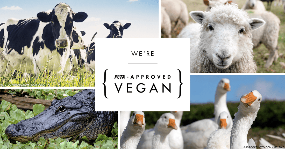 A cow, sheep, alligator, and ducks/geese with the PETA-Approved Vegan logo in the center, symbolizing cruelty-free fashion.