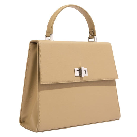 A side profile of the beige She-EO handbag, highlighting its structured silhouette and premium cactus leather texture